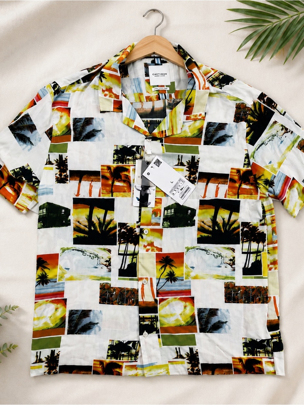NWT L Hawaiian Beach Photos Button Shirt Vintage Photograph Palm Tree Cactus Man